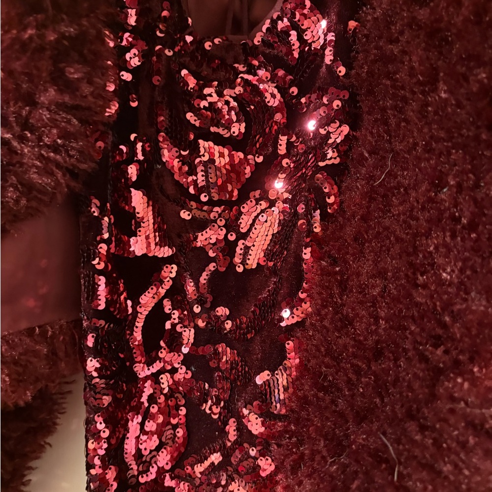 Faux Fur Burgundy Jacket and Midi Sequin Prom Dress - Picture 4 of 10